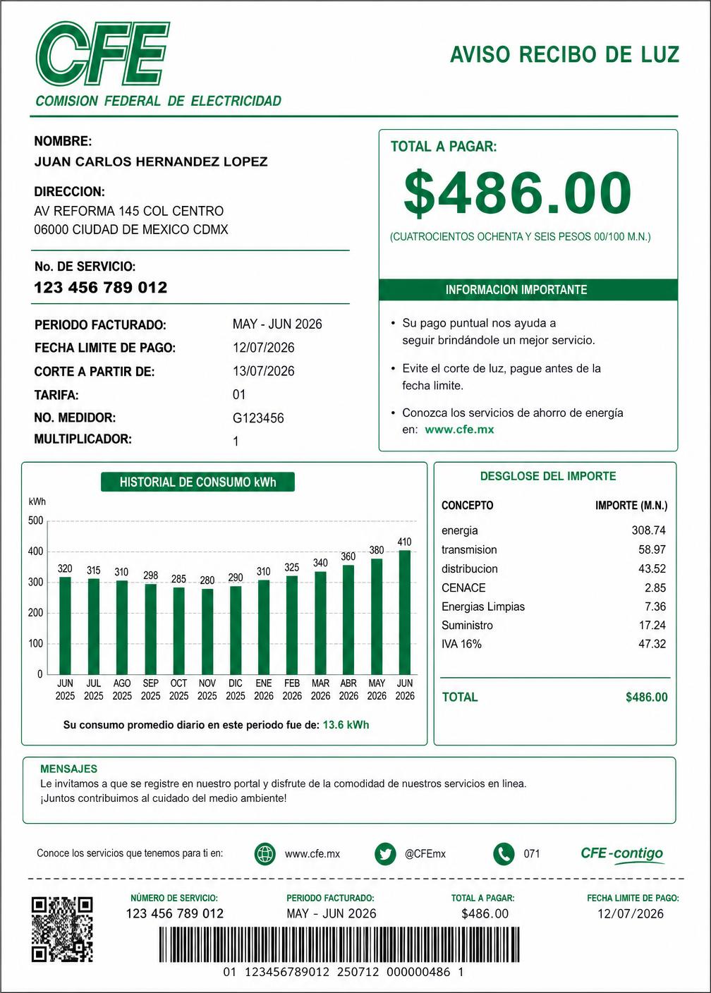 Documento de muestra: Comprobante CFE