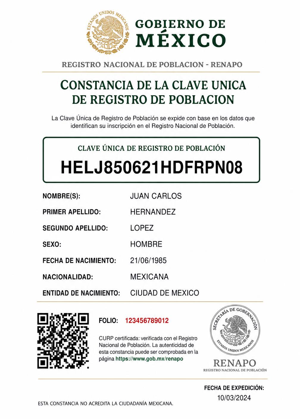 Documento de muestra: CURP